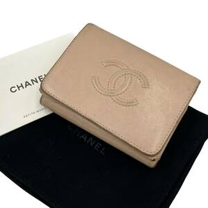 CHANEL シャネル 三つ折り財布 コンパクトウォレット ココマーク レザー ピンク系 ベージュ系