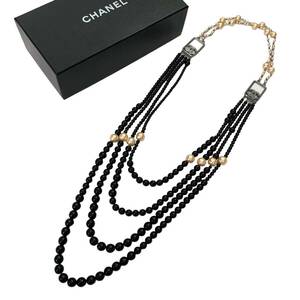 美品 CHANEL シャネル 4連 ロングネックレス フェイクパール ブラック 03Ｐ