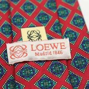 ロエベ シルク ロゴ 小紋柄 格子柄 ブランド ネクタイ メンズ ワインレッド 美品 LOEWE スペイン最高峰老舗ブランドの画像4