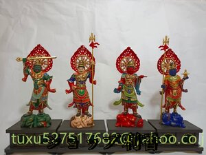 極美精品　仏教工芸品　四天王 四天王立像 木彫仏像　 彩金　彩繪　金箔　仏師手工精彫り　木彫仏像　四天王像 一式