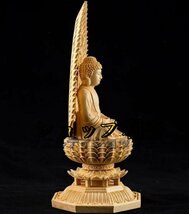 極美品★ 総檜材　仏教工芸品　木彫仏教　精密彫刻　阿弥陀如来座像 高さ28cm_画像3