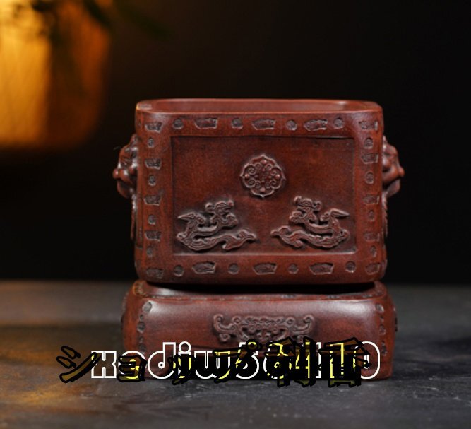 New arrival★ Purple sand, purple mud, bonsai pot, flower pot, square pot, relief, purple mud painting, handmade, width 13.7cm x height 4cm, bonsai, bonsai tools, pot