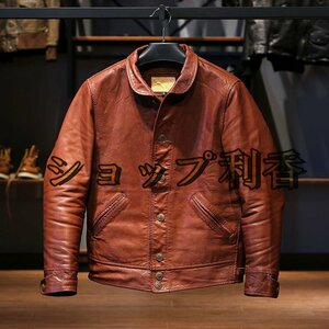 レザージャケット メンズ アメカジ　バイクジャケット品質の高い　柔らかい羊革　本革　革ジャンＭ～4XL ブラウン