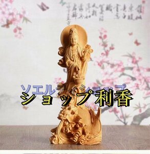 極美品★仏教美術 観音菩薩 魚籃観音立像 仏像 獅子魚 木製 木彫 細密細工★高18cm　