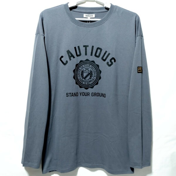 特価/未使用【サイズ=5L(4XL)】英字プリント/メンズ/長袖/Tシャツ/胸囲=116～124cm/blue.gray