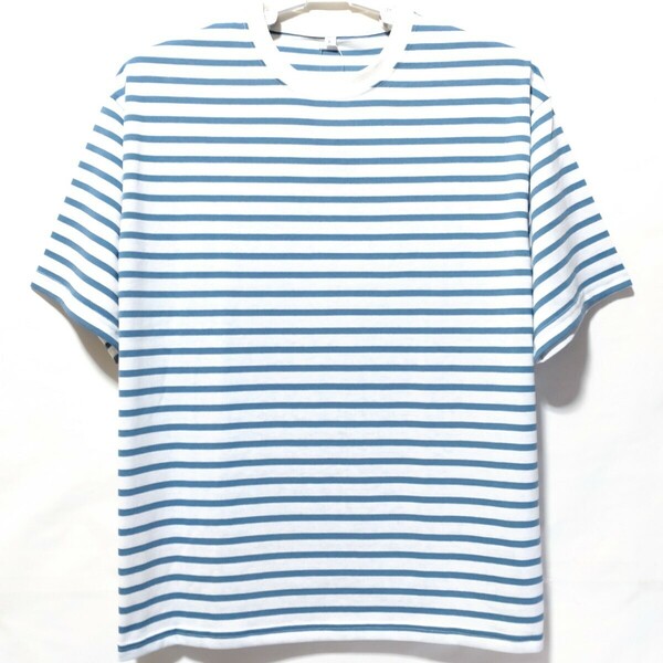 特価/未使用【サイズ=L】ノーブランド/メンズ/半袖/ボーダー/Tシャツ/胸囲=96～104cm/white×sax.blue②