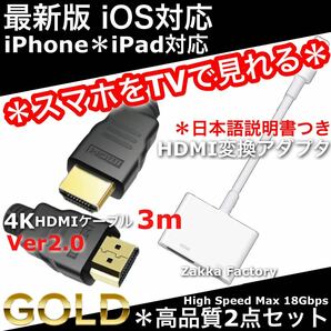 2点 iphone ipad HDMI 変換アダプタ 3m ケーブル HDMIケーブル スマホ テレビ 接続 ＊ iPhone14 iPhone13 iPhone12 iPhone11 アイパッド