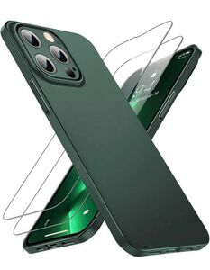 iphone13proケース ガラスフィルム付属 指紋防止 薄型 軽量 さらさら手触り 画面レンズ保護 ハードケース （グリーン）