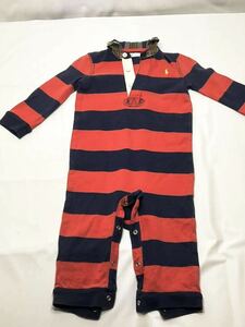 即決 RalphLauren ラルフローレン キッズ 子供用 ロンパース　80cm レッド×ネイビー系 ボーダー柄 長袖 子供服 送料185 円