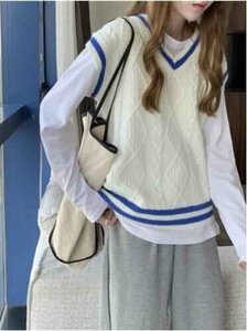 ニットベスト トップス ジレ Vネック 制服 レディース スクールベスト 無地 通学 フリー ホワイト