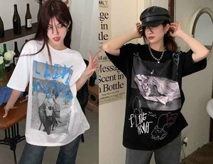 全2色 半袖Ｔシャツ プリント ラウンドネック 丸首 バイカラー 体型カバー 着痩せ シンプル カジュアル フリー ブラック