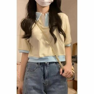 半袖Ｔシャツ ショート丈 カジュアル バイカラー スリム 着痩せ 【大きいサイズあり】 L ベージュ