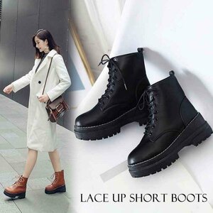  short boots lady's shoes thickness bottom Work boots race up 25.0cm(40) black 