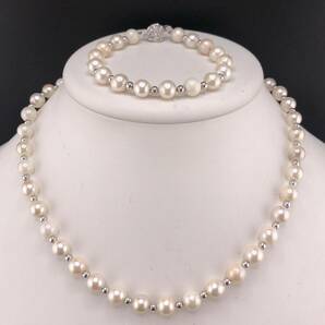 P04-0008☆ 2点SET☆パールネックレス＆ブレスレット 7.0mm~7.5mm 40cm 25.1g 7.0mm 16cm 10.5g ( Pearl necklace SILVER accessory )の画像1