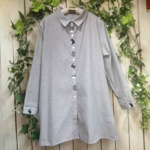 FW04709-3* new work * pretty ...*.. embroidery *A line * stripe shirt * front opening * long sleeve * gray * size M~L easy 