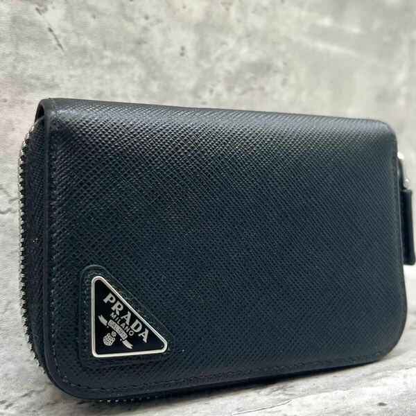 【未使用級】プラダ PRADA 財布 札入れ カードケース 現行 三角ロゴ サフィアーノ レザー ブラック 黒 箱付き メンズ ビジネス