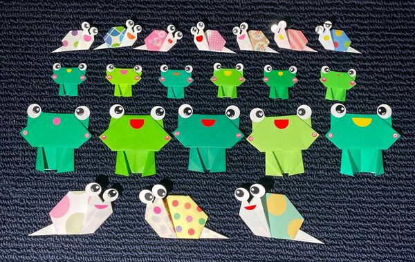 折り紙　《カエル親子&かたつむり親子セット》04 壁面飾り　梅雨　かえる　かたつむり　紫陽花と一緒に