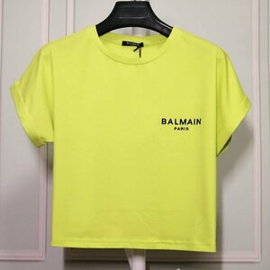 BALMAIN バルマン 半袖 Tシャツ レディース クルーネック カットソー ベルベットロゴ ちびロゴ 希少 中古 Mサイズ