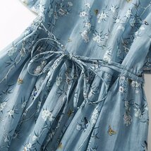 LRM503 大人 上品 エレガントな花柄プリント綿麻ワンピース レディース ワンピース 50代 60代 ファッション ブルー 薄手 夏のお出かけに_画像5