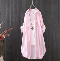 カーディガン ロングシャツ ボーダー柄 レディース 夏 大きいサイズ 半袖 UVカット 薄手アウター ブルー K0376_画像3