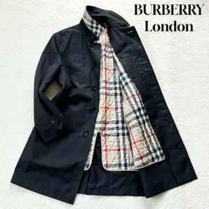 1円～ 極美品 襟裏ノバチェック柄★バーバリーロンドン【BURBERRY LONDON】ステンカラーコート メンズ L ライナー付き ストライプ 黒の画像1