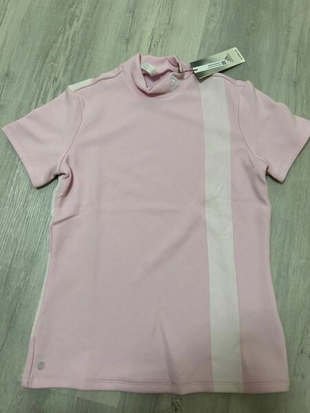 新品　ピンク M アディダスゴルフ ビッグアディダスロゴ 半袖モックネックシャツ
