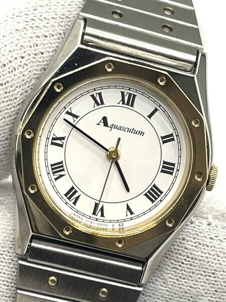【電池切れ】Aquascutum アクアスキュータム クォーツ 腕時計 白文字盤 コンビ ローマン レディース