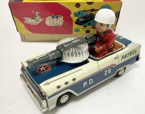  Police Patrol tin plate toy SF electric mystery action mileage box attaching shooting gun blinking effect sound .. toy made retro Vintage 