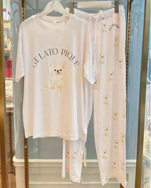 【新品】ジェラートピケDOG柄Tシャツロングパンツ上下セット　チワワ　ピンク