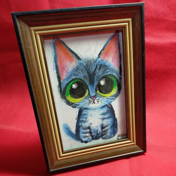【GREEN　EYES】（真作）クレパス画　オイルパステル　猫　猫の絵　動物画