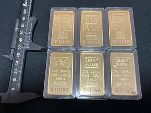 【W198】スイス CREDIT SUISSE1オンス 約30g　記念金貨コイン インゴット金貨バー6枚No.611168等 磁石に反応しません 