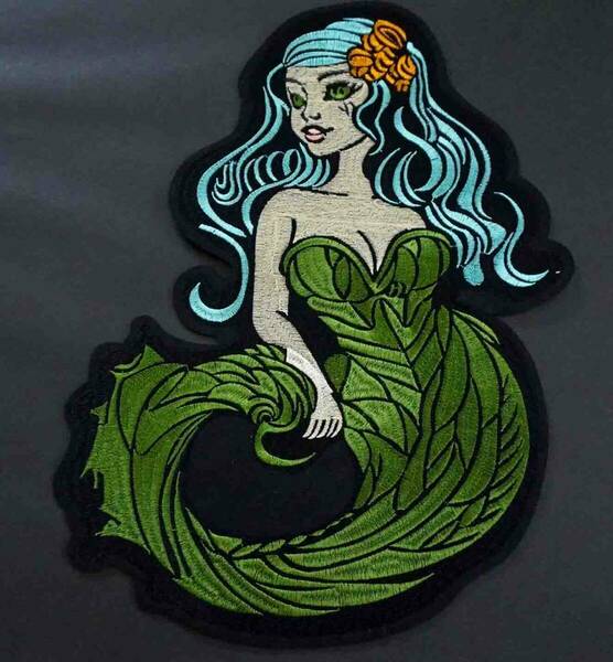 特大《空髪緑魚体US美神人魚》新品『人魚 Mermaid　マーメイド』■美しい 刺繍ワッペン◆セクシー　芸術 ◇アメリカ ■洋服・衣類・衣服DIY