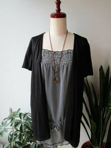 * large size /3L* piling put on manner tunic! black × border 