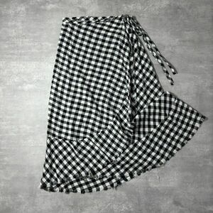 L0041 tricot COMME des GARCONS トリココムデギャルソン レディース チェック柄 切りっぱなし ラップスカート フレア 白 黒 M AD2003