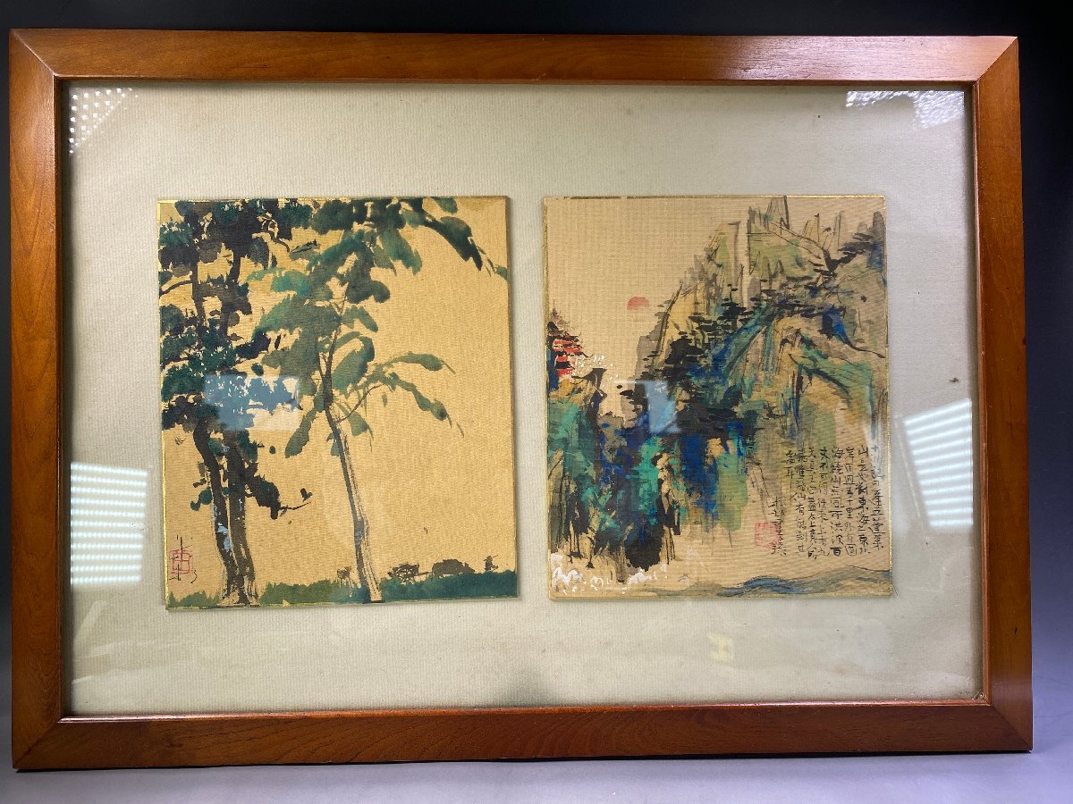 R47 田中贝森 (Tanaka Ichimura) 山水风景彩纸画 2 幅 带框南迦/中国坦噶, 绘画, 日本画, 景观, 风月