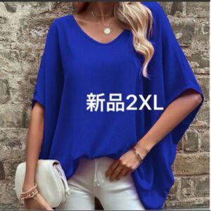 ボックス型シャツ　Ｖネック　XXL ブルー　プラスサイズ　トップス　シャツ　半袖Tシャツ　大きいサイズ　2XL 3L ボックス型