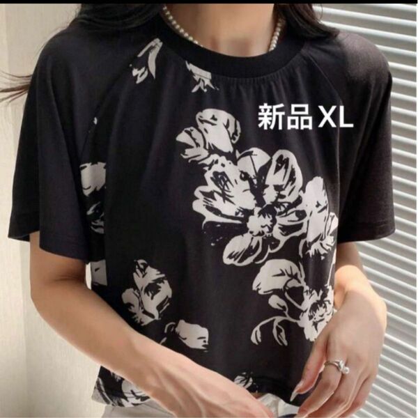 新品　レディース　半袖Tシャツ　ラグランスリーブ　ブラック　花柄　韓国風　薄手　ゆったり　XL トップス