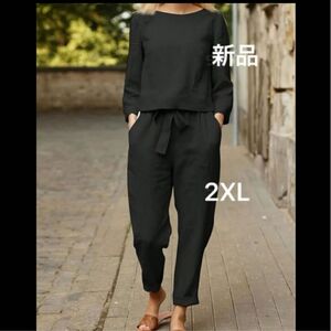 新品　レディース　セットアップ　ブラック　黒　パンツ×長袖シャツ　韓国風　2XL ウエストゴム 3L ゆったり　大きいサイズ