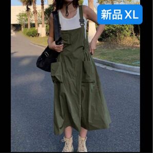 新品　 ジャンパースカート サロペットスカート ロングスカート ゆったり　XL カーキ　ワンピース　韓国風　キャンプ　アウトドア
