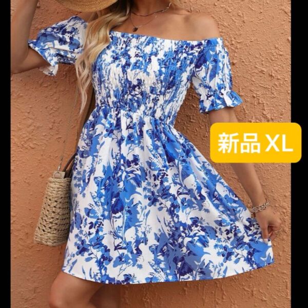 新品 レディース オフショルシャツ ブルー×ホワイト XL 大きいサイズ ゆったり 韓国風 薄手 花柄 Vネック ミニワンピース