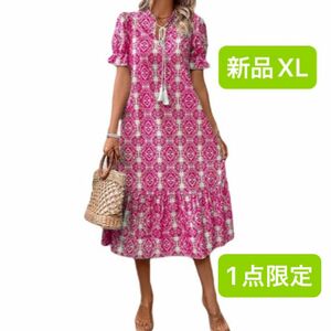 新品　レディース　半袖ワンピース　ピンク　XL 韓国風　大きいサイズ　ゆったり　フレアスカート　Ｖネック