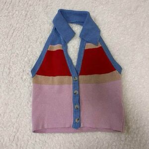 美品 襟付き ニット タンクトップ カラフル COTTON ON ベスト セーター Vネック ピンク 洋風 アメリカン