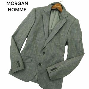 MORGAN HOMME モルガン オム 通年 背抜き グレンチェック★ スリム アンコン テーラード ジャケット Sz.M　メンズ グレー　A4T03247_3#O