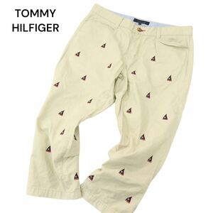 TOMMY HILFIGER トミーヒルフィガー 春夏 ロゴ ヨット刺繍★ 総柄 コットン ツイル クロップド パンツ Sz.L メンズ ベージュ　A4B01825_4#P