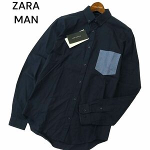 【新品 未使用】 ZARA MAN ザラ マン 通年 SLIM FIT ポケット切替 長袖 ボタンダウン シャツ Sz.S　メンズ ネイビー　A4T03585_4#C