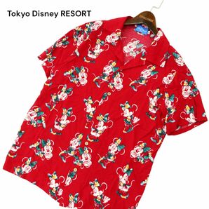 Tokyo Disney RESORT 東京ディズニーリゾート 限定 春夏 半袖 ミニー総柄★ レーヨン アロハ シャツ Sz.M メンズ 赤 A4T03885_4#Aの画像1