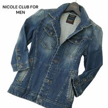 NICOLE CLUB FOR MEN ニコルクラブ フォーメン 春夏 襟ワイヤー★ USED加工 7分袖 デニム ジャケット Gジャン Sz.46　メンズ　A4T04177_4#M_画像1