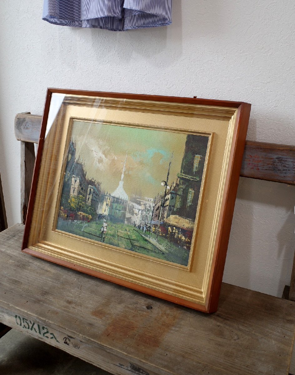 ○Stylish European cityscape painting Oil painting Wooden frame for drawing paper Harmony of green Modern Art Vintage Antique Gplus Hiroshima 2404i, painting, oil painting, Nature, Landscape painting