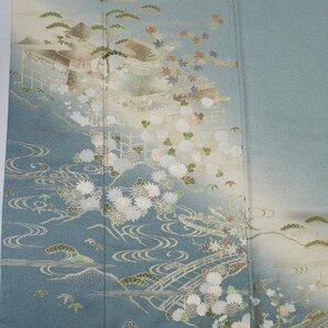 《花小袖》単衣 付下；薄御納戸鼠地 金彩で屋形と橋 舟 水辺風景・小サイズの画像3