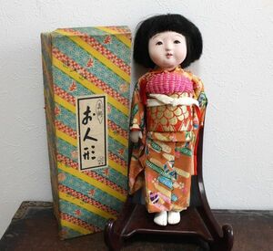 鶴印 お人形 美術 とてもかわいい古い女の子の市松人形 日本人形 縮緬 拾号 約32㎝ ｎ806